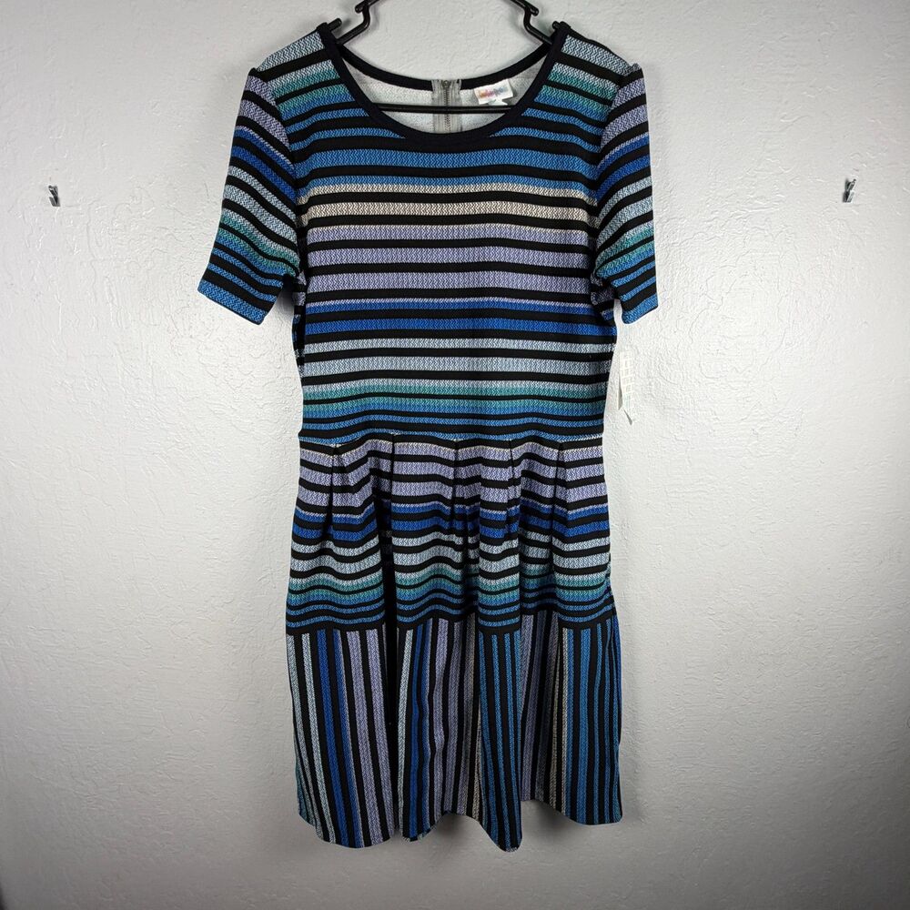 LuLaRoe Amelia Women’s 2XL Blue Black Striped Fit & Flare Dress NWT Zip Back